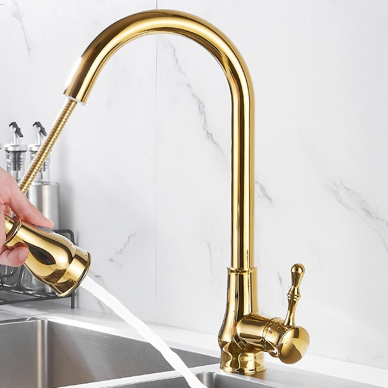 Brushed Gold Kitchen Sink Faucet High Arch Swivel Spout with Pull Out Sprayer