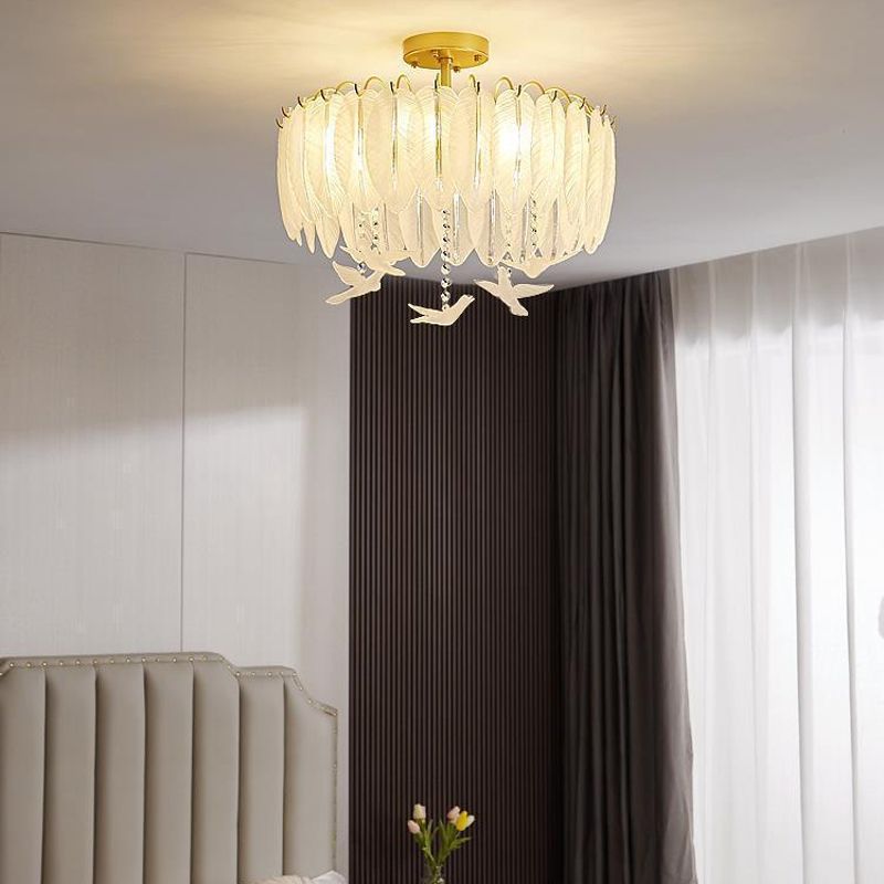 Nordic Ceiling Light Feather-shaped Glass Flush Mount Lighting Fixture for Bedroom