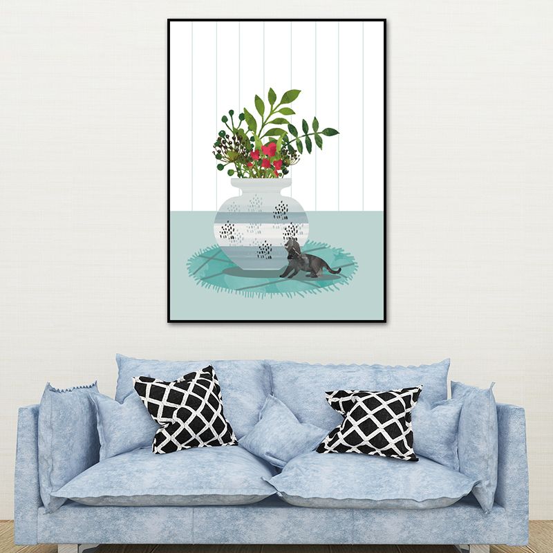 Cat and Pot Plant Art Print Soft Color Canvas Wall Decor for Living Room, Textured Surface