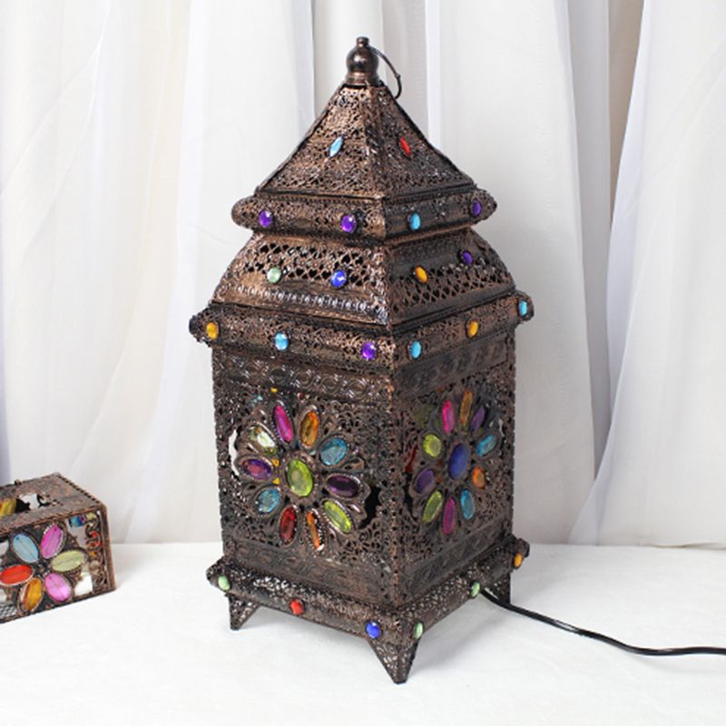 Lantern Bedroom Night Table Lighting Bohemian Metal 1 Bulb Bronze Nightstand Lamp