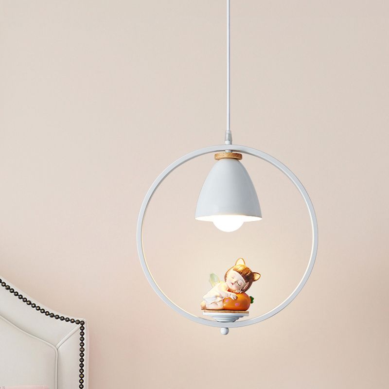 Tapered Shade Metallic Suspension Light Kids Single Textured White Pendant Light with Halo Ring and Resin Figurine