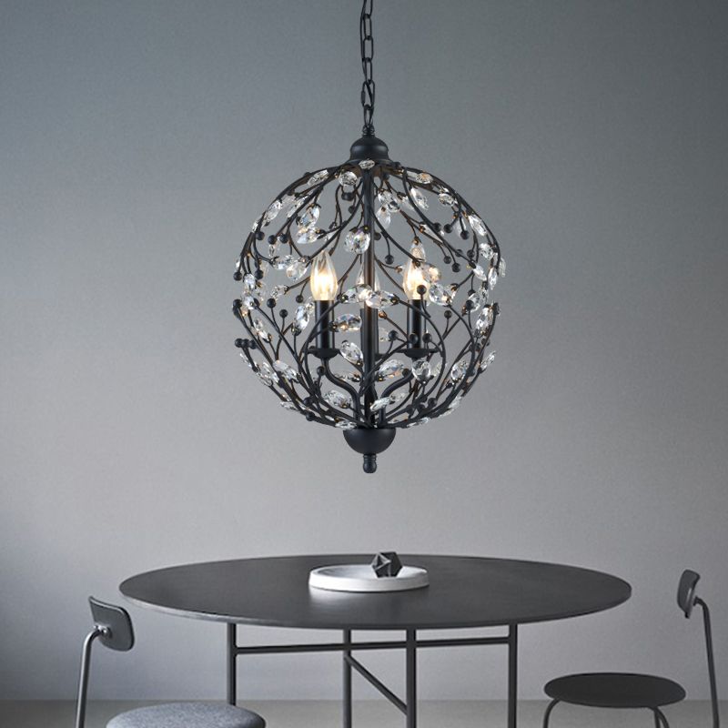 Black Globe Chandelier Pendant Light Artistic Modern 3-Light Crystal Ceiling Light