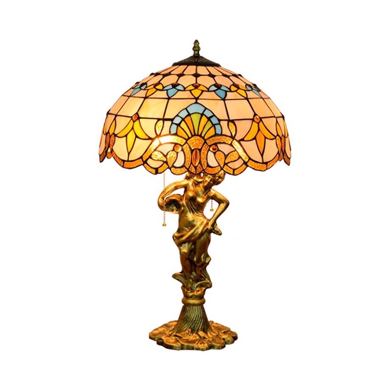 2 Heads Pull Chain Night Light Mediterranean Cone/Dome Beige/Blue-Brown Glass Table Lighting with Bronze Maid Base