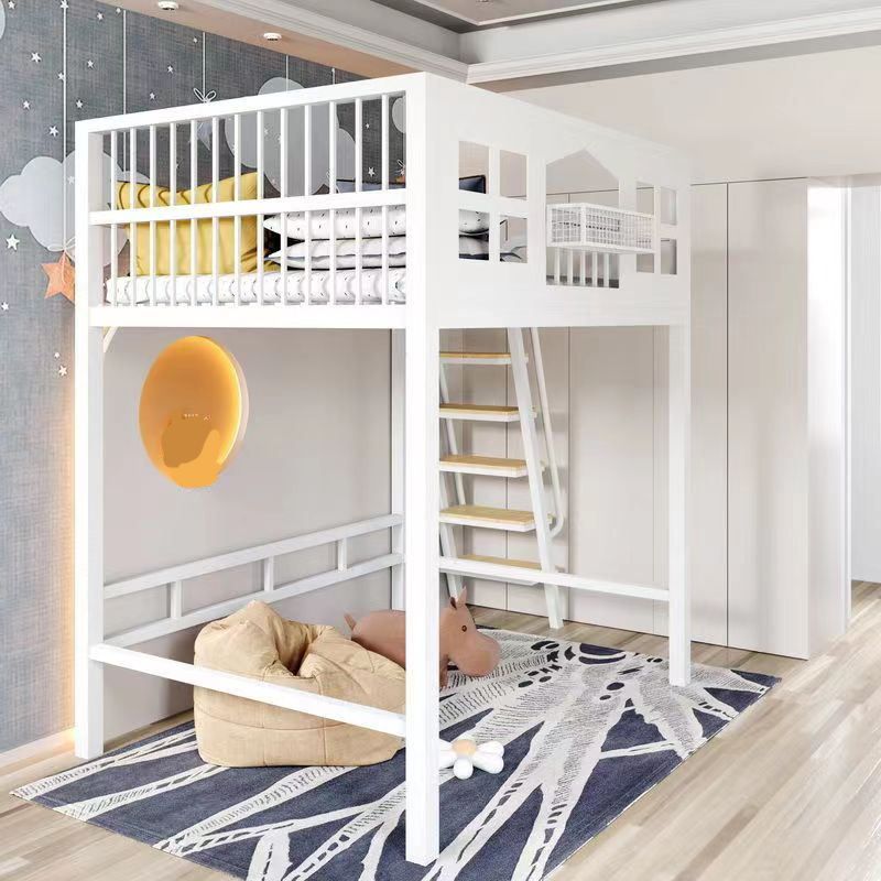 Contemporary Iron Loft Bed Black / White Kid Bed with Stairway