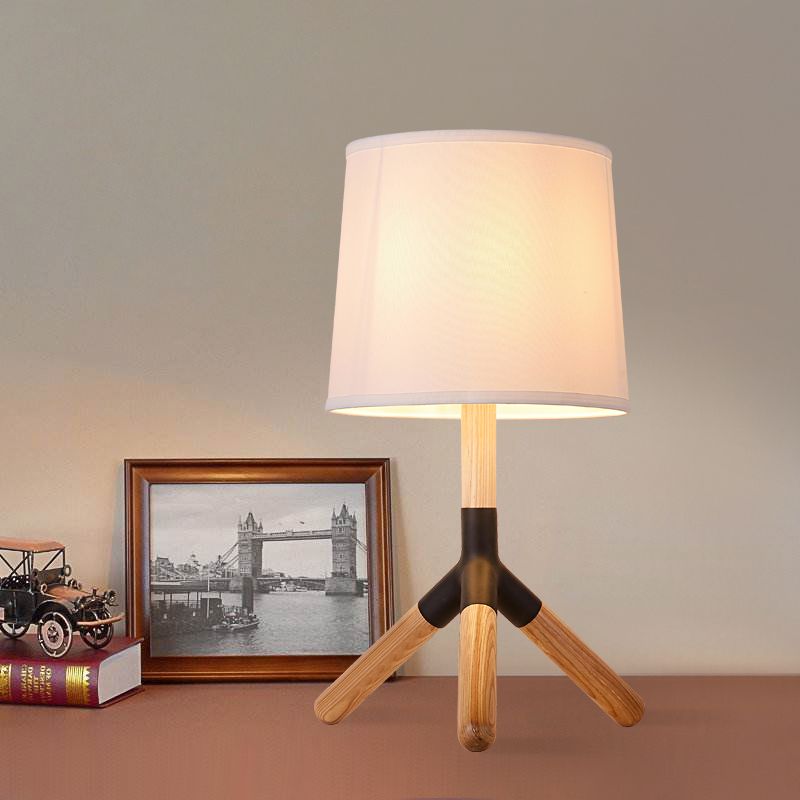 Wood Tri-Leg Table Lamp Simplicity 1 Light White Night Stand Light with Barrel Fabric Lamp Shade