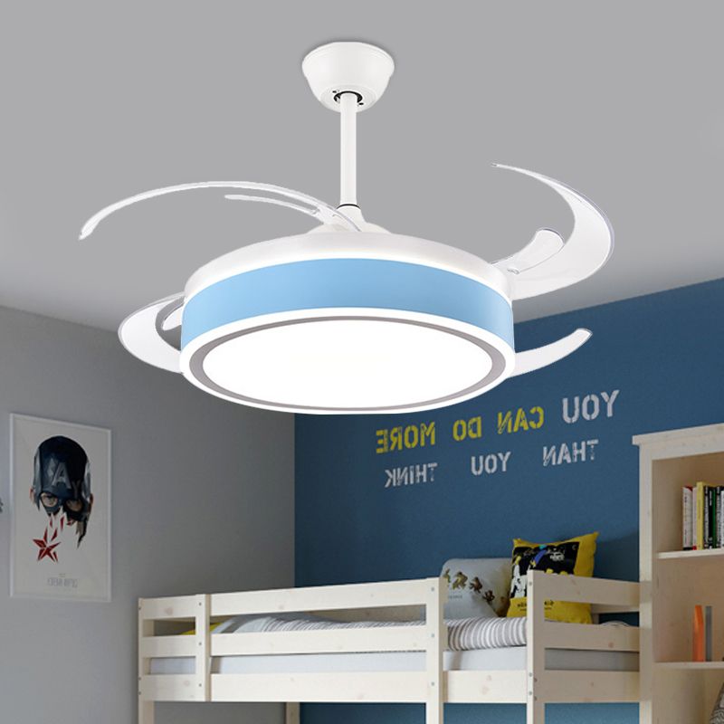 Metalen ronde hangende ventilator licht eenvoudig moderne 4 bladen led semi -spoel gemonteerde lamp in grijs/roze/blauw voor eetkamer, 47 "breed