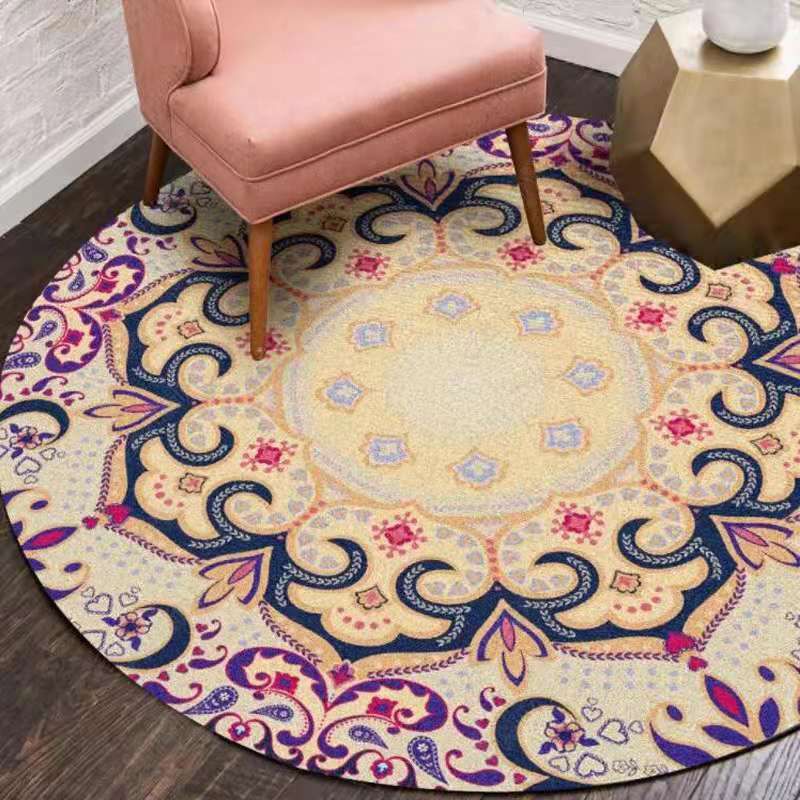 Round Floral Printed Carpet Polyester Persian Area Rug Stain Resistant Indoor Rug for Living Room