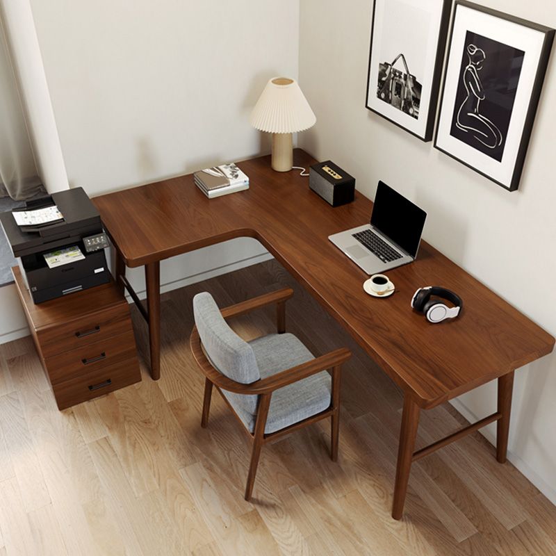 Modern Style Solid Wood Writing Desk L-Shape Office Table in Brown