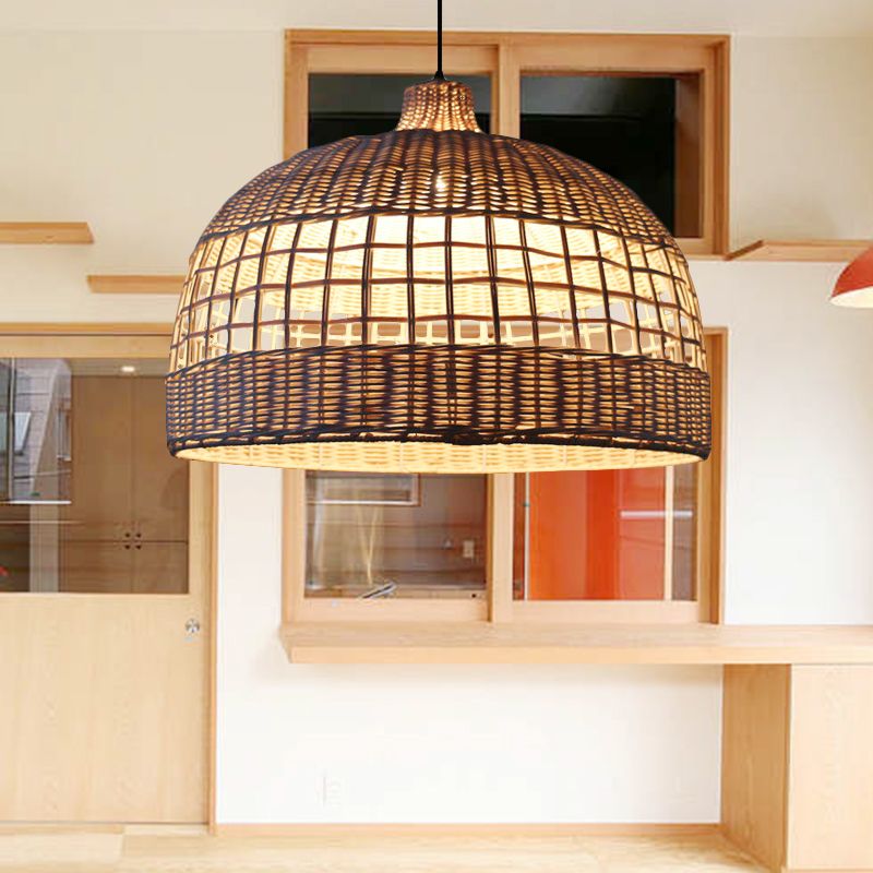 Plafond en dôme brun Light Light Rustic Woven Rattan 1-Light Pendant Lamp For Cafe Restaurant