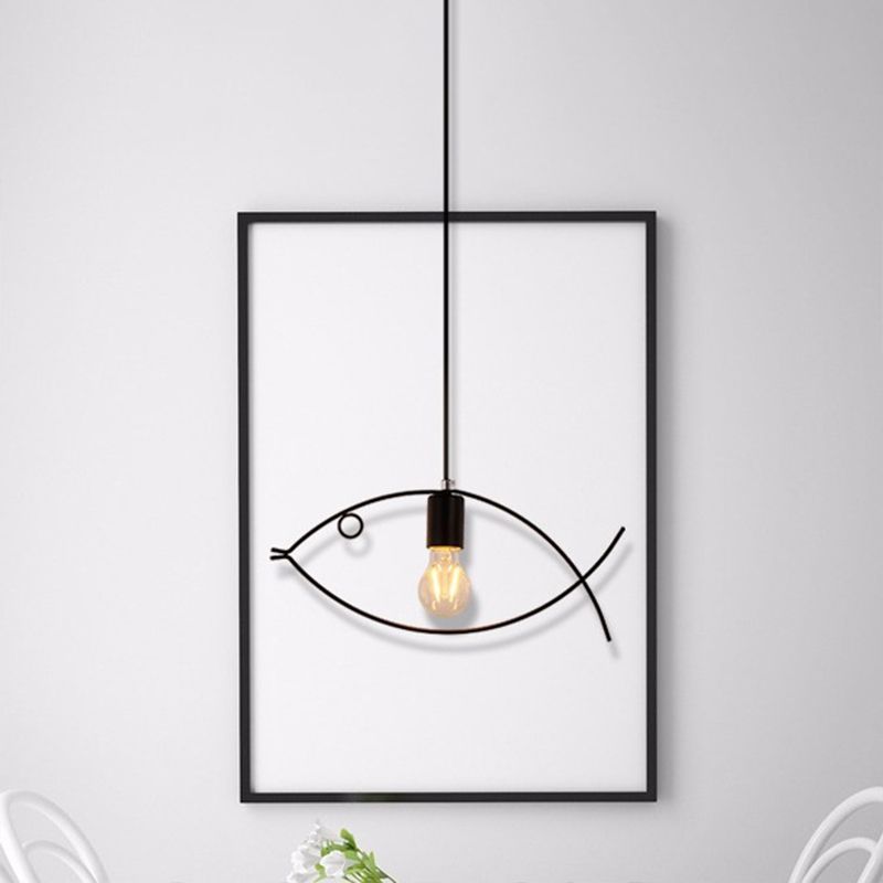 Fish Metal Pendant Lighting Fixture Loft-Style Dinning Room Hanging Ceiling Light in Black