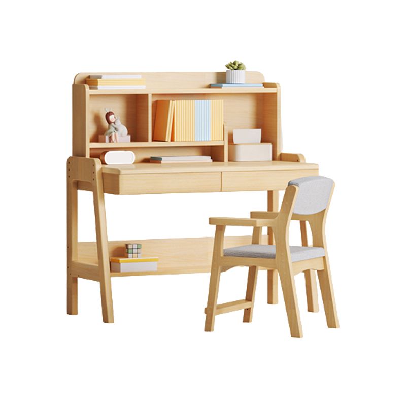 Natural Rubber Wood Children's Desk with Shelves and Drawers