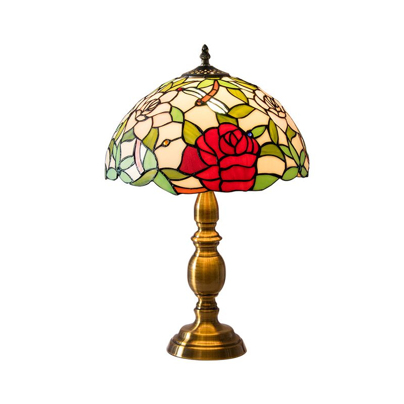 Brass 1 Light Night Lamp Traditional Green Glass Dome Task Lighting with Rose and Dragonfly Pattern