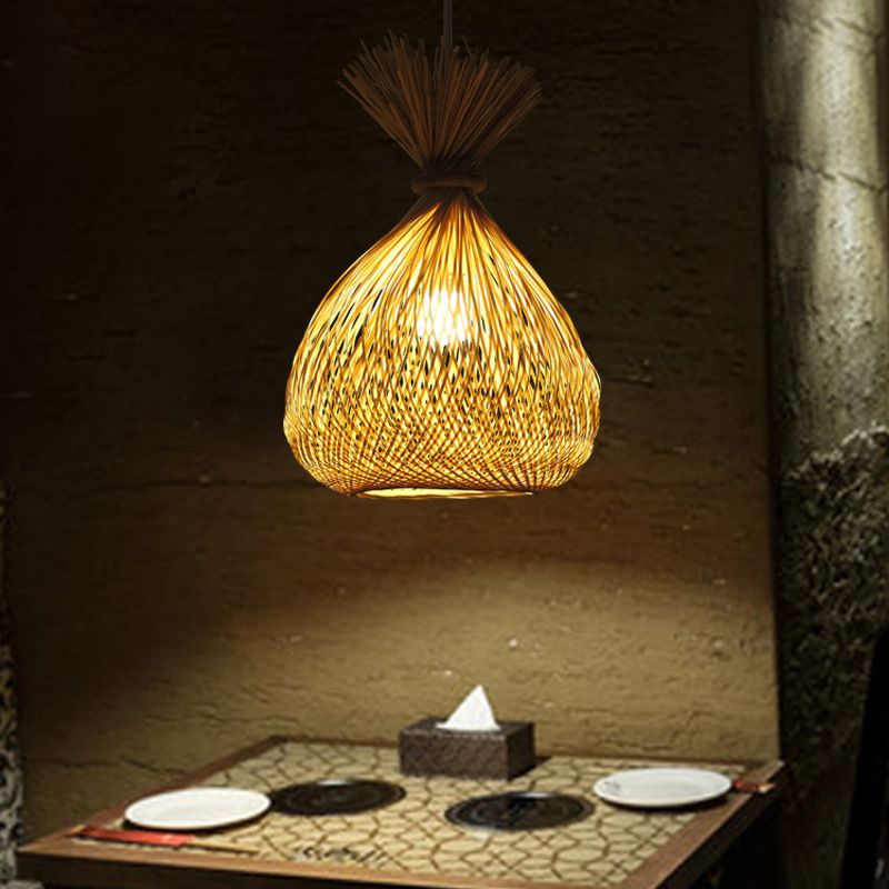 1 Bulb Restaurant Ceiling Light Asian Wood Pendant Light Fixture with Handwoven Bamboo Shade