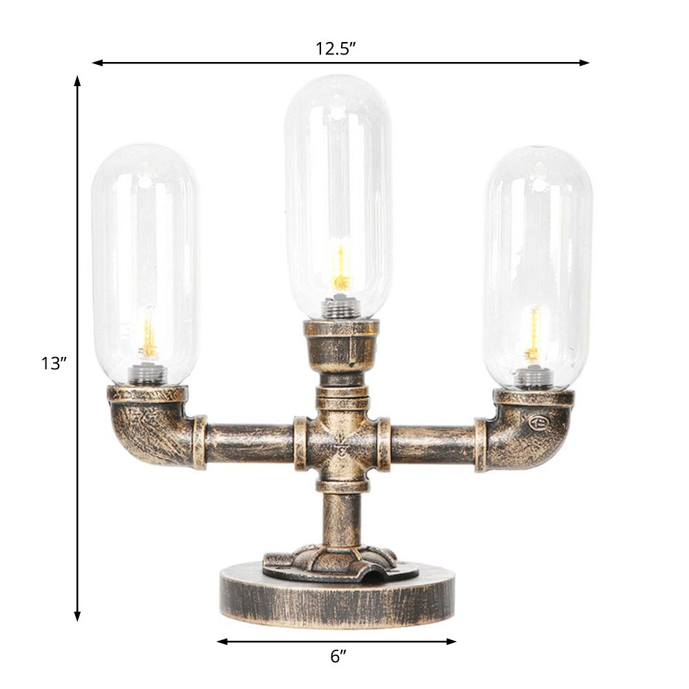 Aged Bronze 3 Bulbs LED Table Lamp Industrial Amber/Clear Glass Capsule Nightstand Light for Teahouse