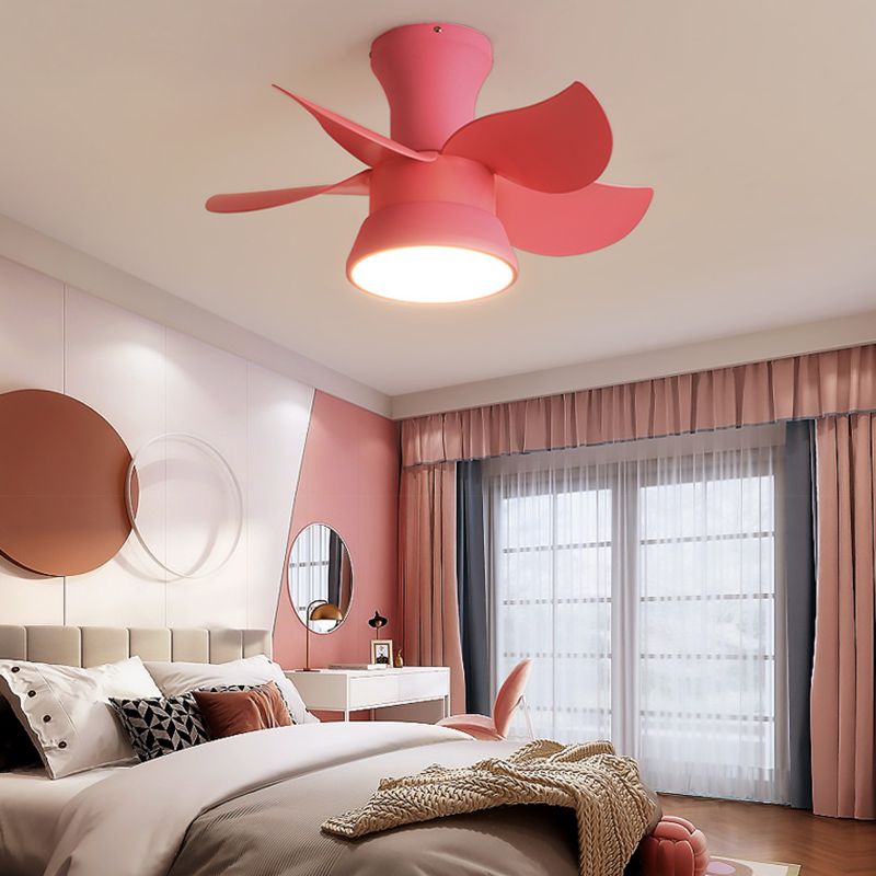 Macaron Style Ceiling Fan Lamp Frequency Conversion Kids Room LED Semi Flush Light