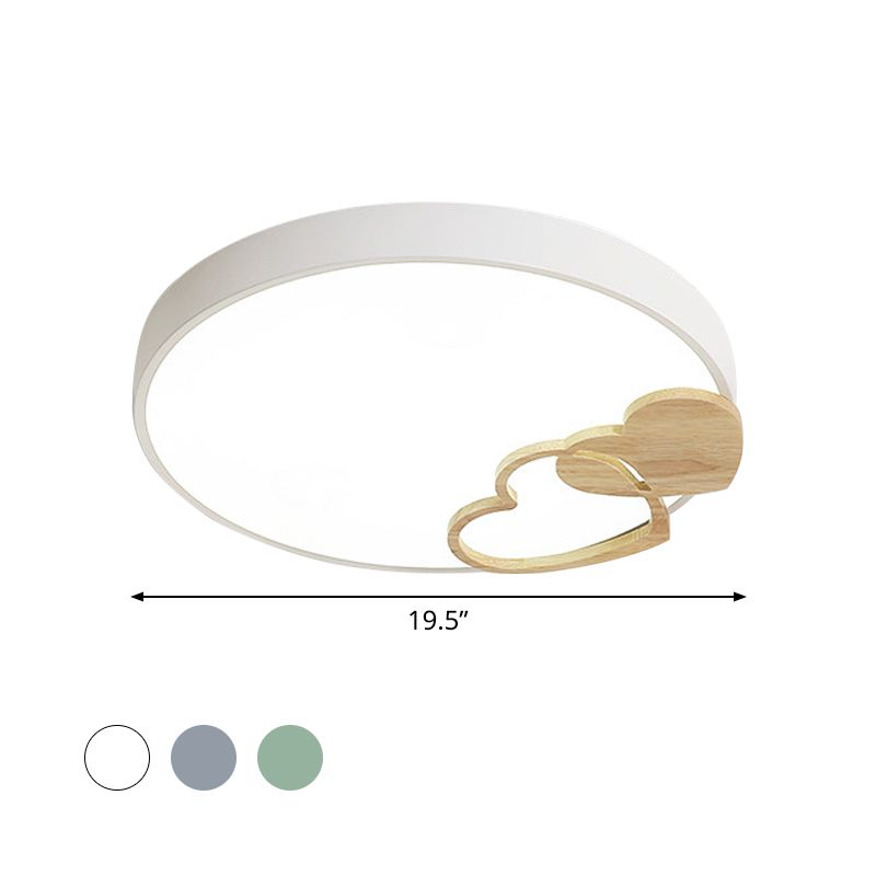 Acrylic Rounded Flush Mount Fixture Nordic Green/White/Grey Ceiling Light with Wood Loving Heart Pattern