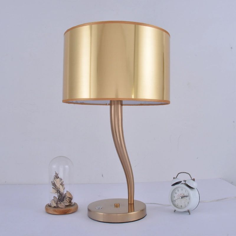 Gold Finish Drum Night Table Light Modernist 1-Light Fabric Nightstand Lamp for Living Room