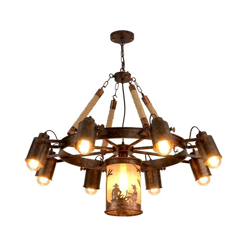 8 Lights Iron Adjustable Chandelier Pendant Industrial Black/Rust Wheel Restaurant Ceiling Spotlight with Rope Accent