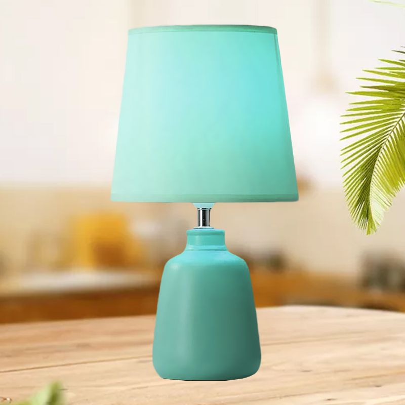 1-Light Smart Night Table Light Simple Jar Shaped Ceramic Nightstand Lamp with Tapered Fabric Shade in Pink/Green