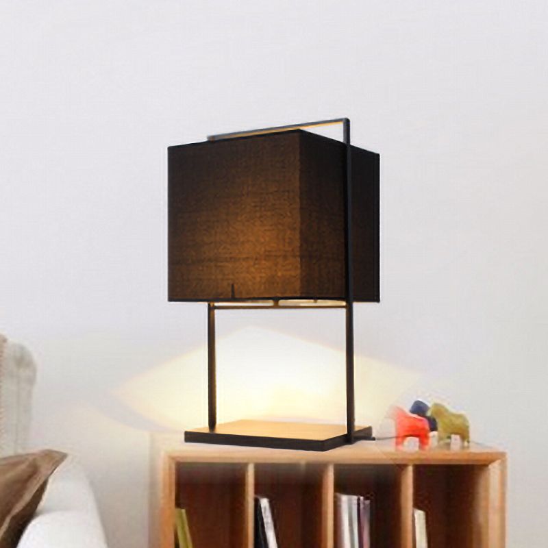 Modern Cube Nightstand Light Fabric 1 Bulb Living Room Table Lamp with Rectangle Stand in Black