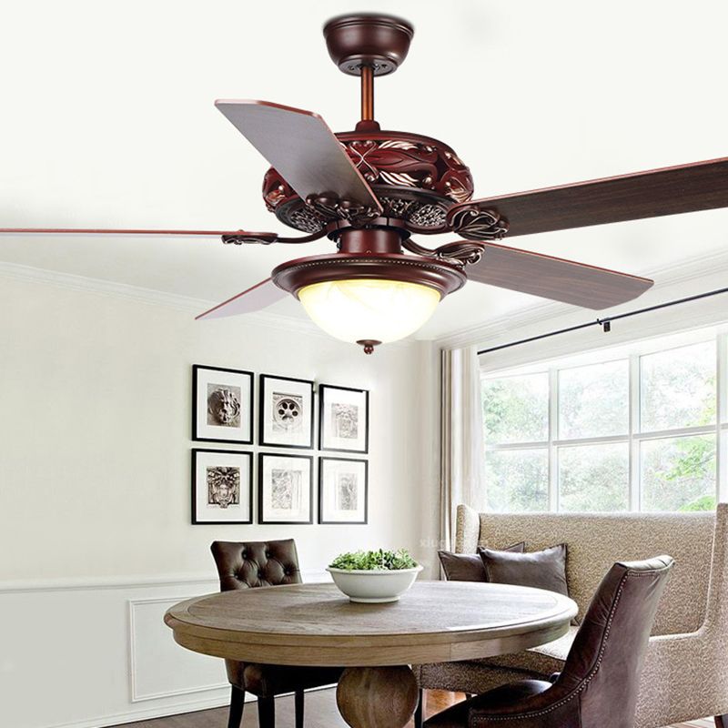 LED Dining Room Ceiling Fan Classic Red Brown Semi Flush Light Fixture with Dome Acrylic Shade