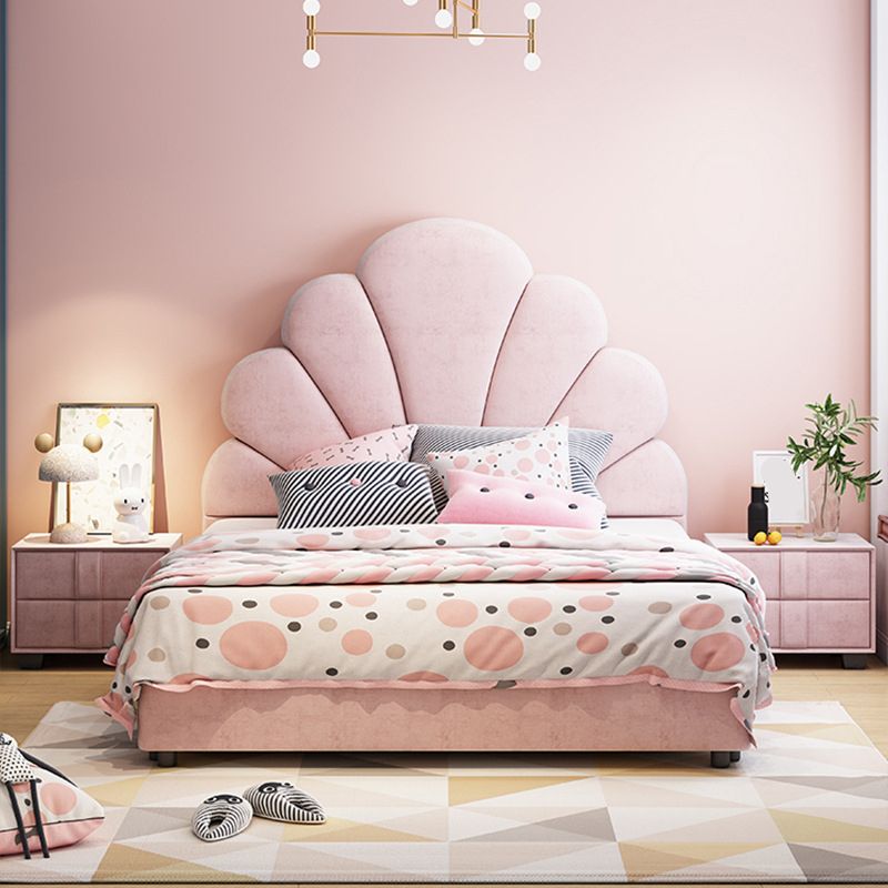 Contemporary Pink Bed with Upholstered and Panel Headboard in Pine Wood