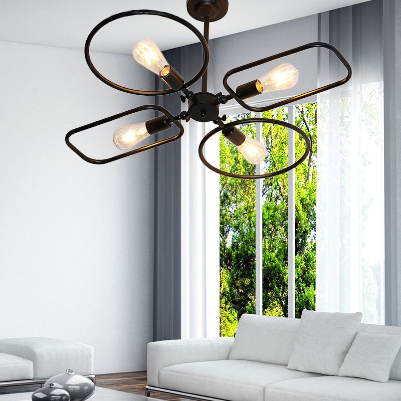 Metal Geometric Chandelier Pendant Light Retro Style 4 Lights Indoor Hanging Light in Black