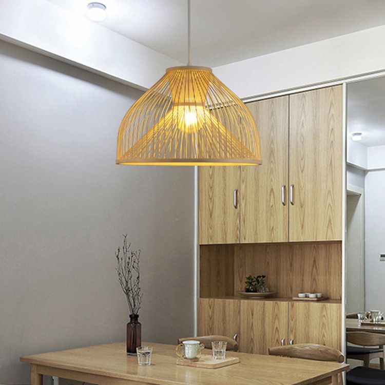 Asian Stylish 1 Light Ceiling Fixture with Bamboo Shade Beige Pear-Shaped Pendent Lamp for Dining Room