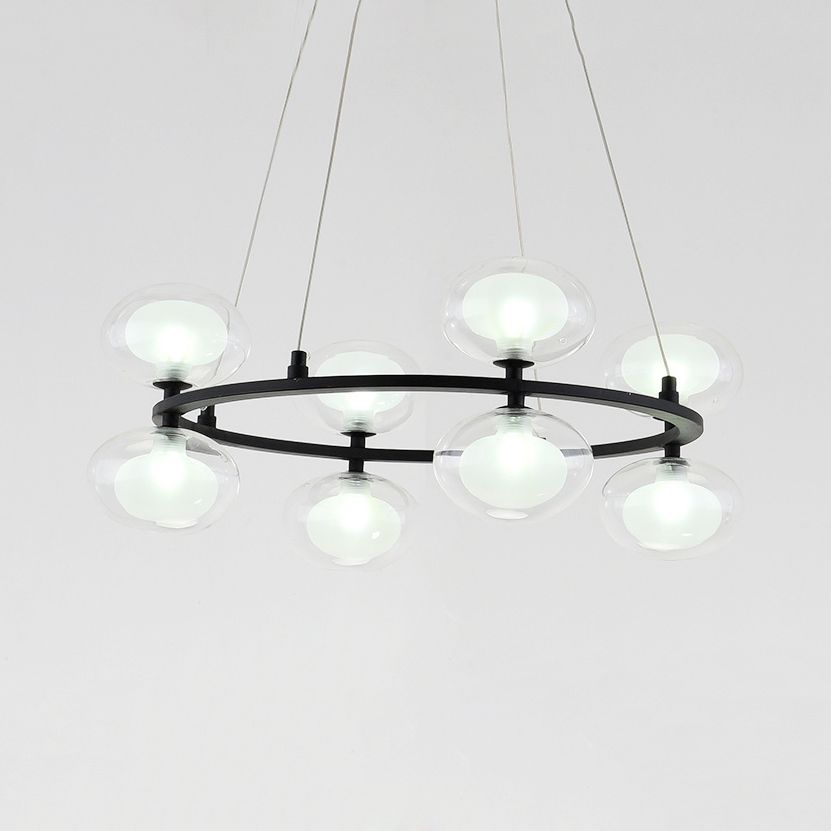 Metal Circular Chandelier Lamp Contemporary 8/12 Lights Black Led Hanging Pendant Light with Clear Glass Oval Shade