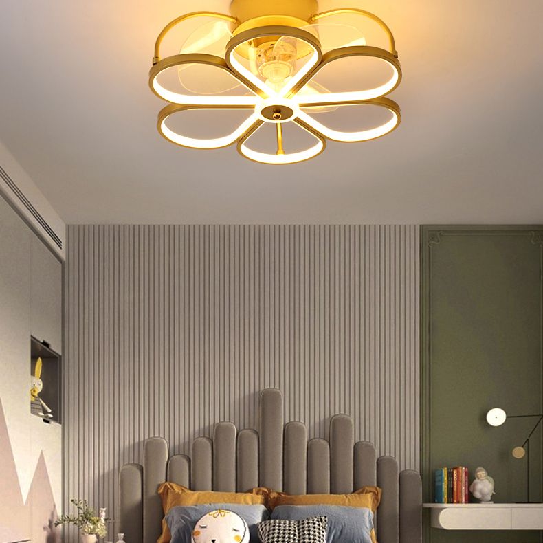 Minimalist Flower Semi Flush Mount Lamp Metal Living Room LED Ceiling Fan Light Fixture