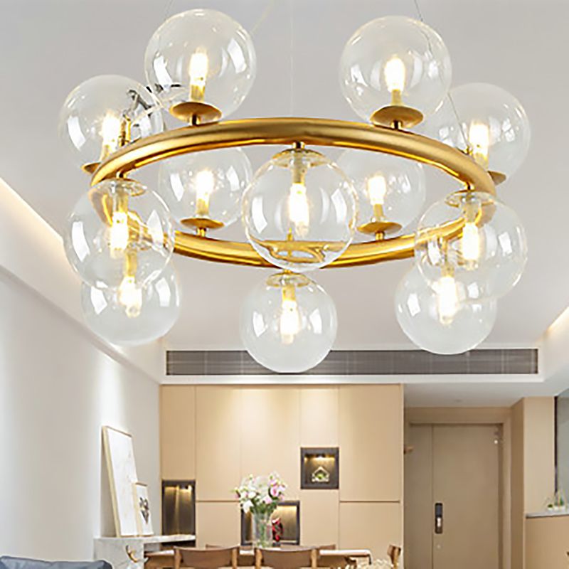 Post Modern Style 12 Bulbs Chandelier Gold Globe Suspension Light with Clear Glass Shade