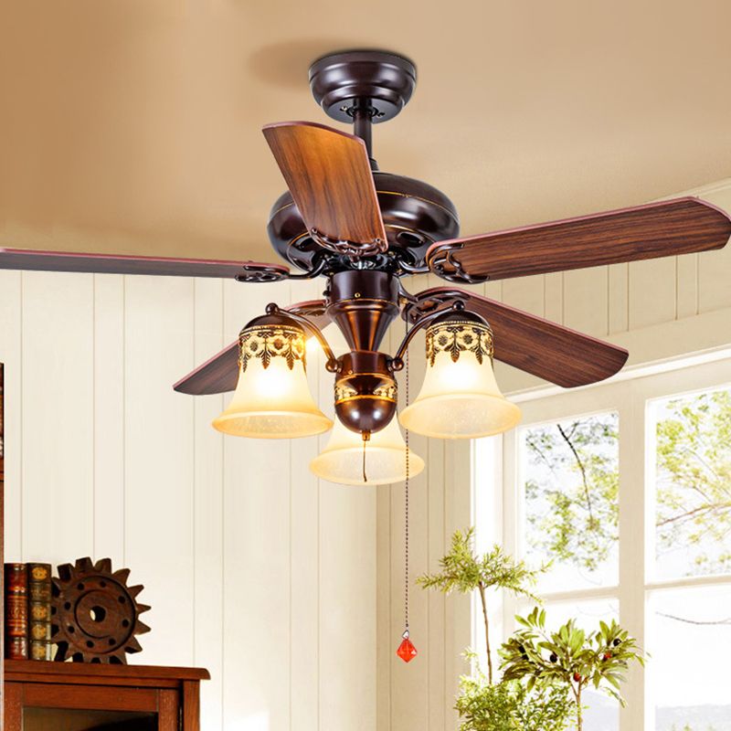 42.5"/52" W Dark Wood 3/5 Lights Ceiling Fan Light Classic Frosted Glass Bell Shade Semi-Flush Mount, Pull Chain/Remote Control