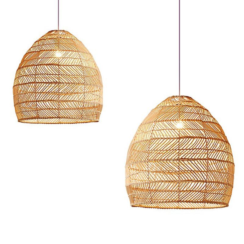 Soggiorno a ciondolo illuminazione cinese beige lampada sospesa con cupola allungata tonalità rattan