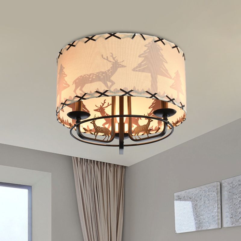 3-Bulb Kids Room Ceiling Lamp Modern Beige Semi Flush Light Fixture with Drum Fabric Shade