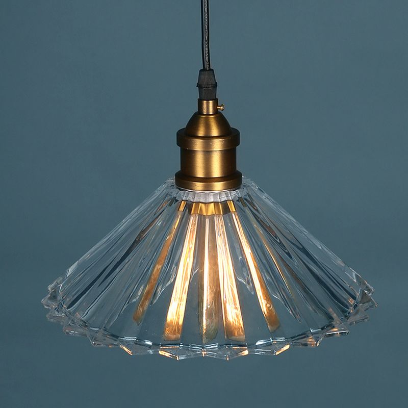 Industrial Vintage Single Pendant Light Wrought Iron Scalloped Hanging Lamp with Glass Shade