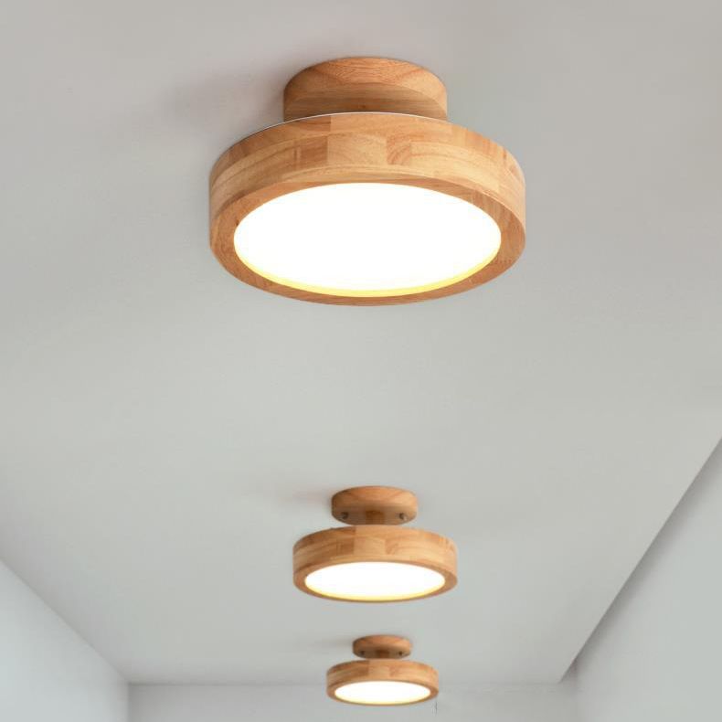 Round Semi Flush Ceiling Light Modern Style Wooden 1-Light Semi Mount Lighting