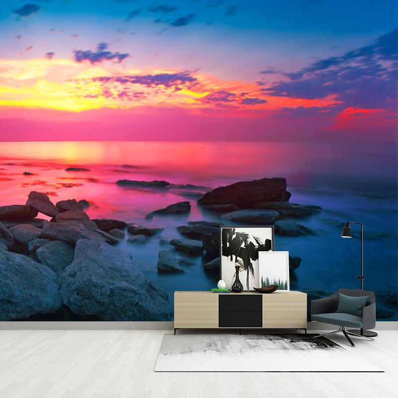 Big Tropical Wall Paper Mural Blue-Pink Coastal Rock with Evening Glow Wall Art, Custom-Made