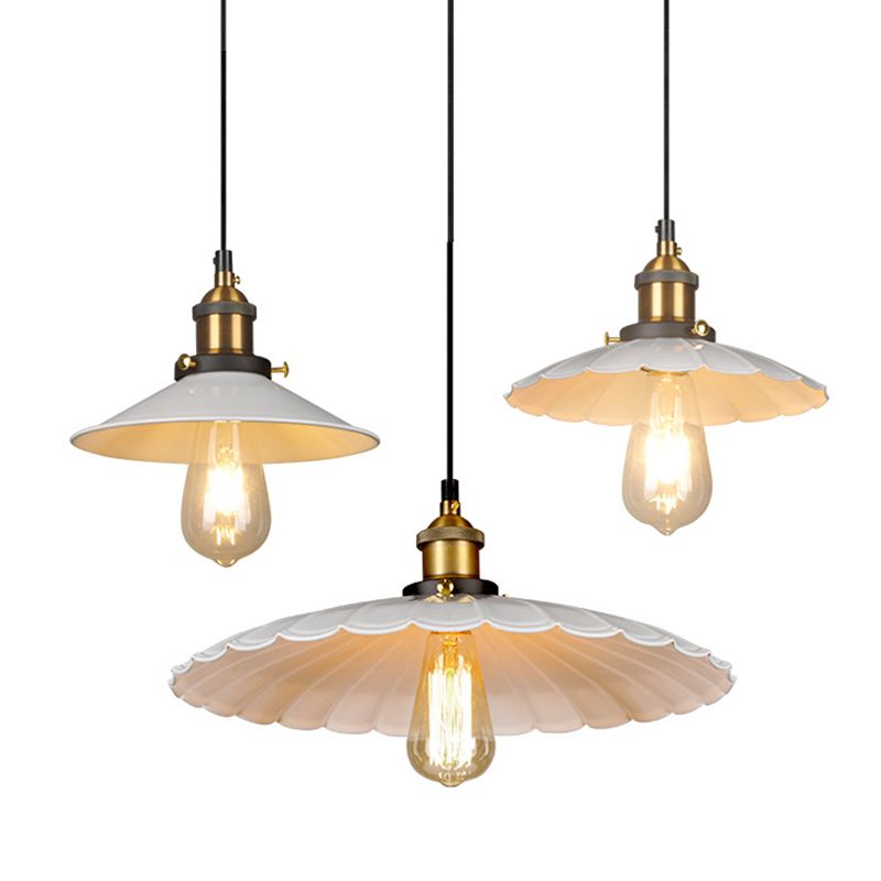 White Single Ceiling Light Industrial Metallic Scalloped Umbrella Hanging Pendant Light