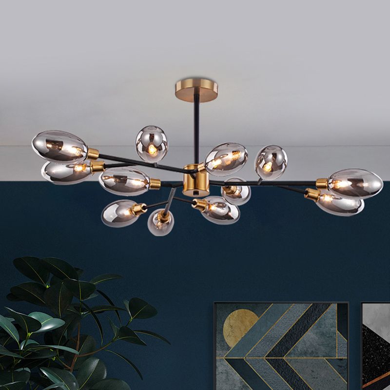 12-Bulb Parlor Close to Ceiling Light Vintage Brass Semi Mount Lighting with Ellipse Smoke Grey Glass Shade