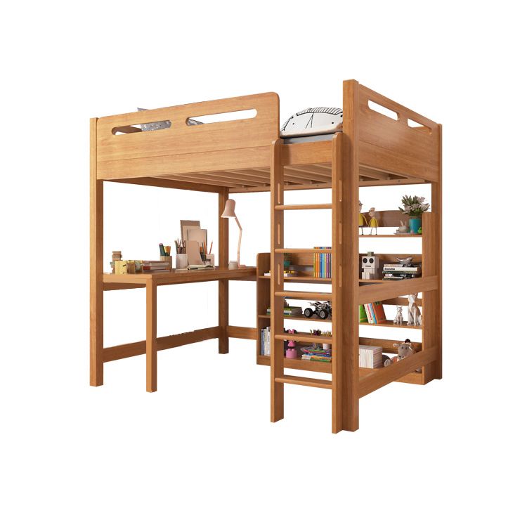 Brown Loft Bed Scandinavian Solid Wood High Loft Built-In Ladder Kids Bed