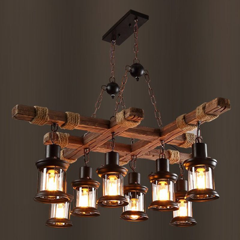 8 Light Chandelier Pendant Light Lodge Wood and Iron Rope Pendant Hanging Lights in Black for Restaurant