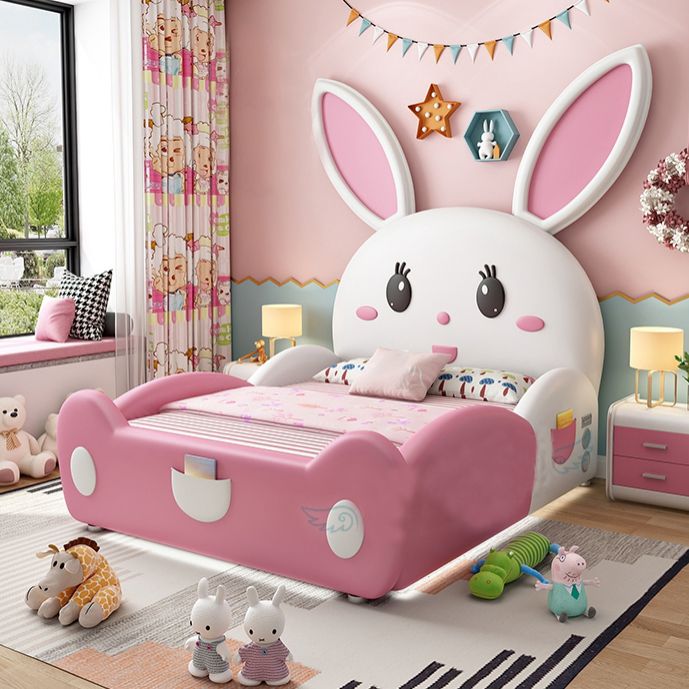 Solid Wood Animals Panel Bed Scandinavian Upholstered Bed in Pink and White