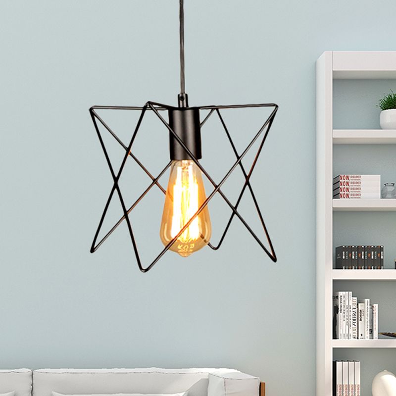 Metal Geometric Ceiling Lighting Industrial 7"/10" W 1 Light Living Room Hanging Lamp with Open Cage Shade in Black