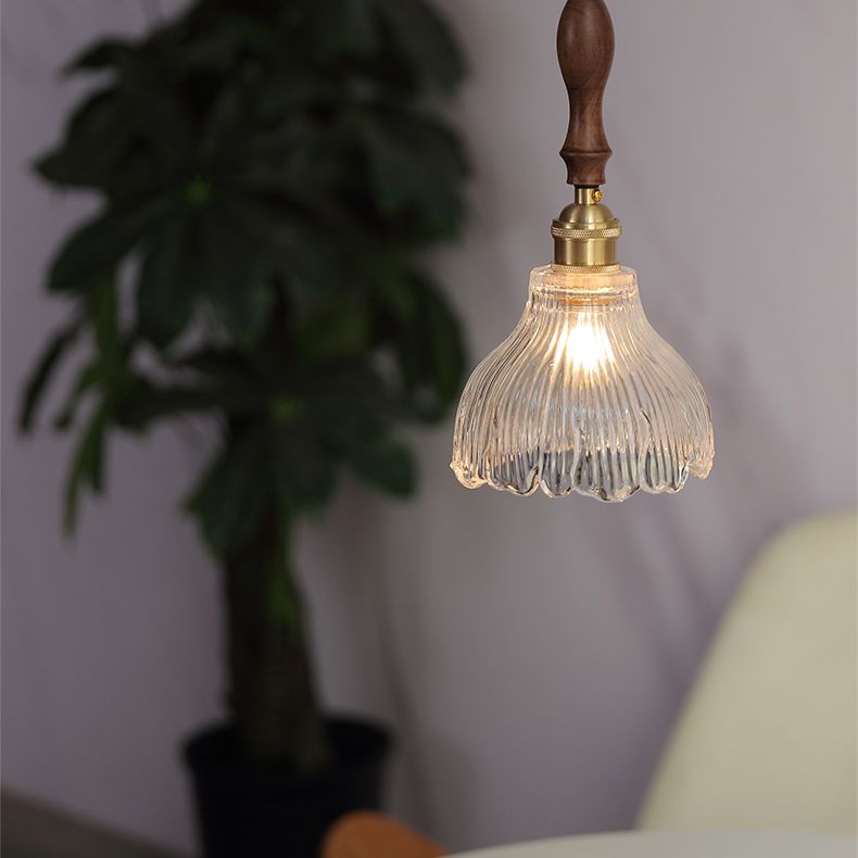 Ribbed Glass Floral Suspension Pendant Simple 1 Bulb Dinner Hanging Light in Brass