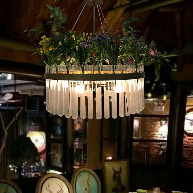 1/2-Tier Restaurant Chandelier Light Industrial Metal 4 Bulbs Green Plant Pendant Lighting Fixture, 19.5"/29.5" W