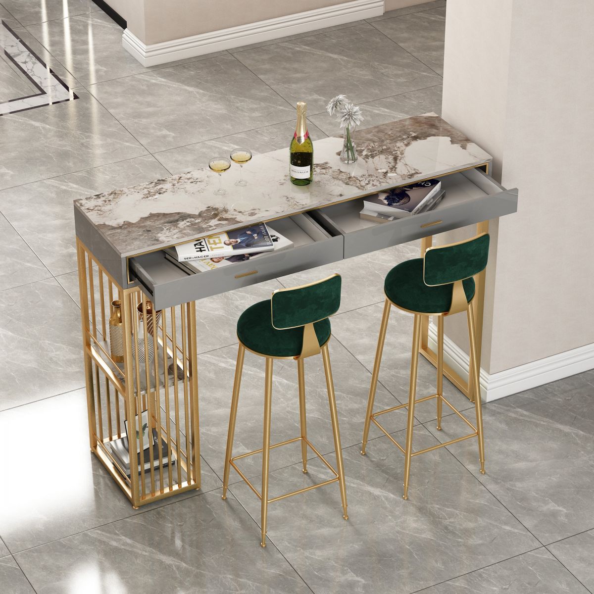 Nordic Style Storage Bar Table Stone Top Pub Table with 2 Drawers, Only Table