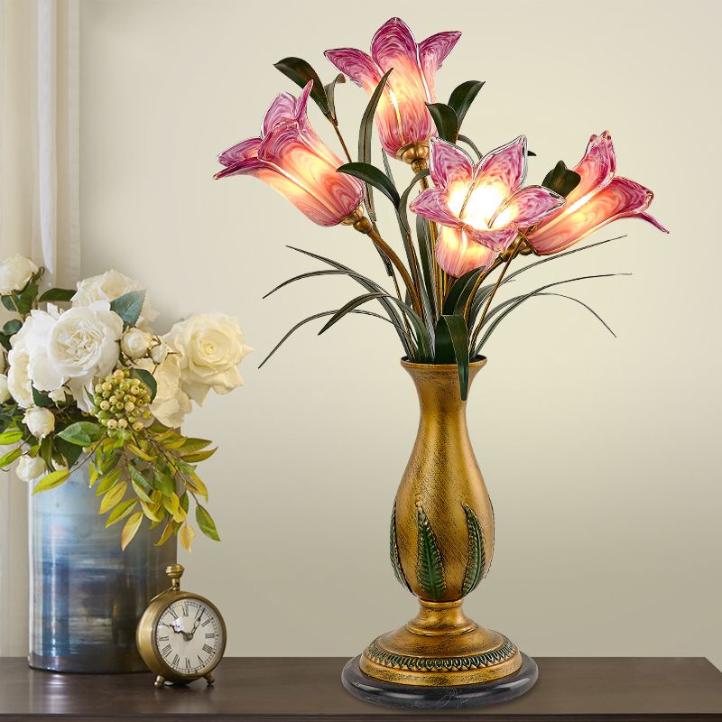 Lily Purple/White Glass Nombo Light American Garden American 4 Bulbs soggiorno Night Table Lighting