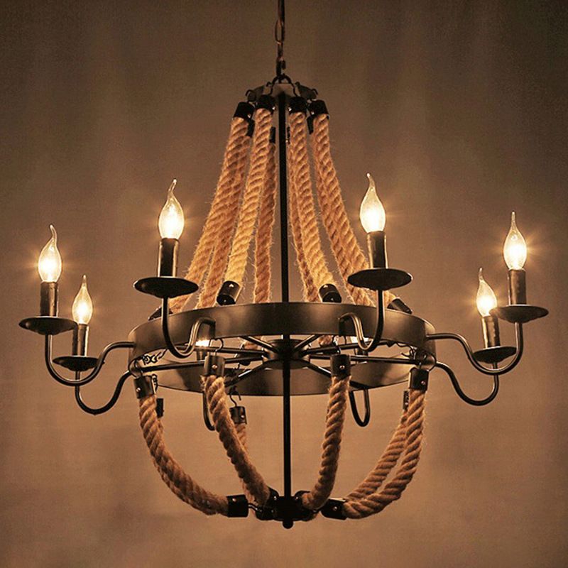 Flaxen Candlestick Chandelier Lighting Rustic Iron Living Room Pendant Light with Hemp Rope