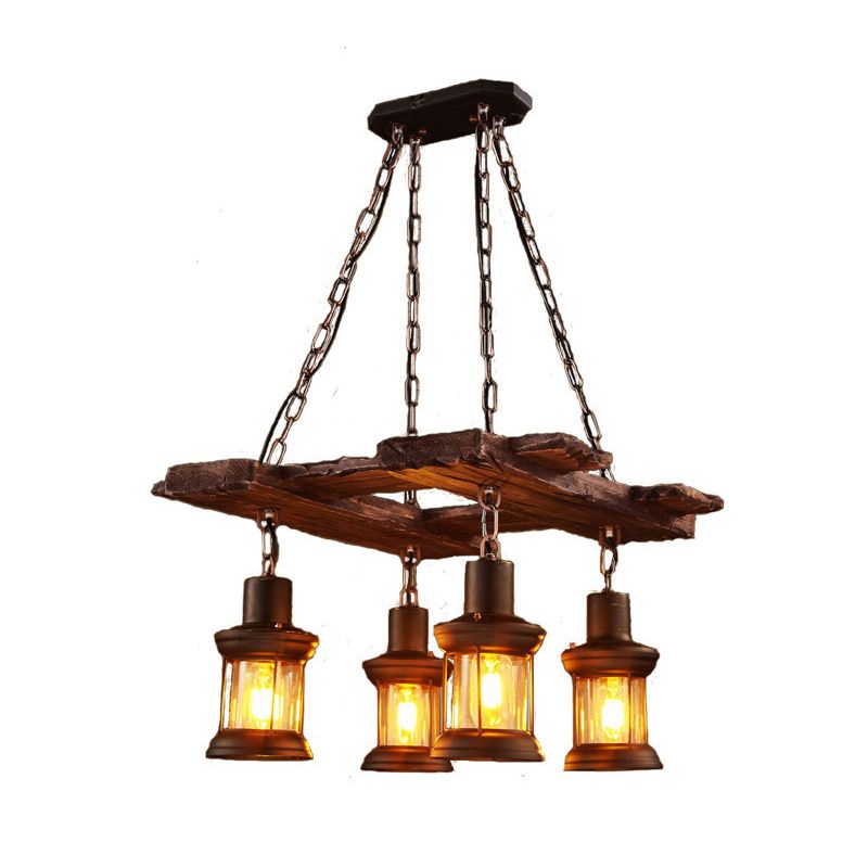 Cylinder Shape Island Lamps Industrial Style Wood 4 Lights Island Light in Brown