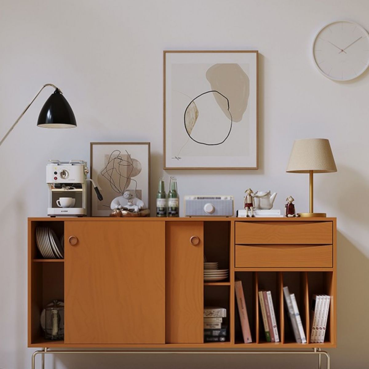 Sliding Door Pine Wood Sideboard Modern Credenza with Storage for Living Room